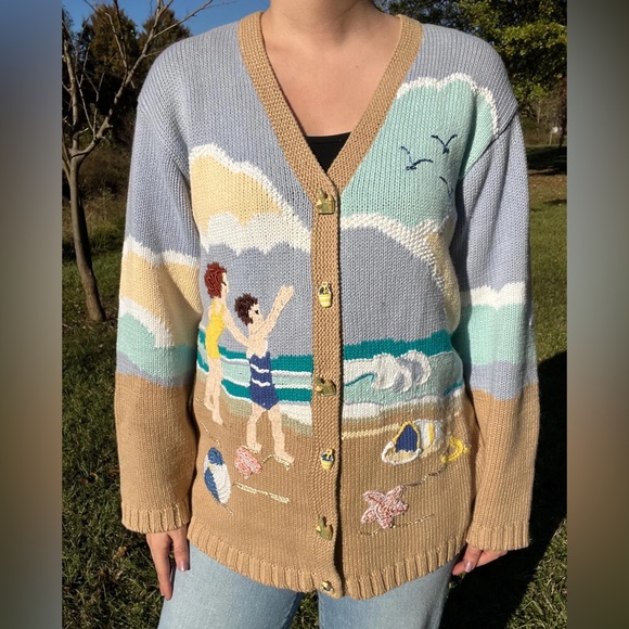 Storybook Knits Sweaters - Storybook Knits Beach Ocean Nature Cardigan handmade Knit Sweater size 2X
